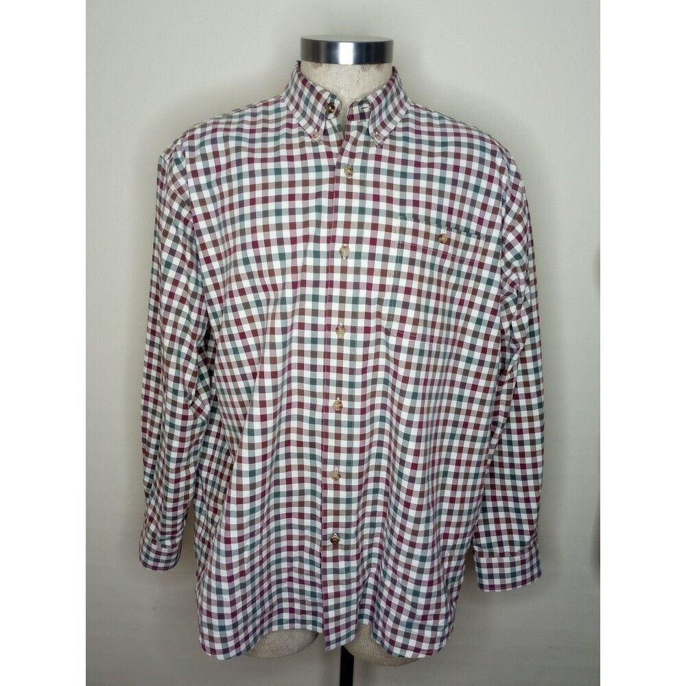 Orvis mens shirt Red, white and green plaid button up long sleeve Sz L EUC